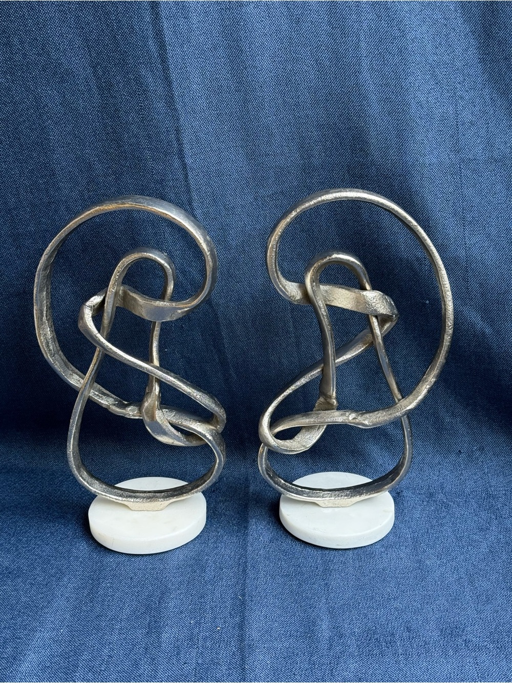 Size 12.5" - Modern Abstract Ribbon Cast Metal Sculptures White Marble Base Pair